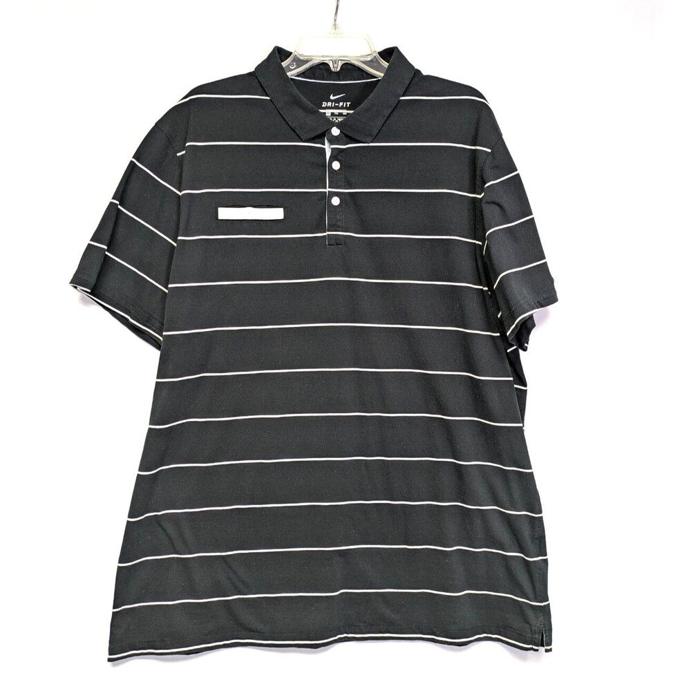 Nike Mens Player Golf Polo Shirt 2XL Black White Stripe Chest Pocket